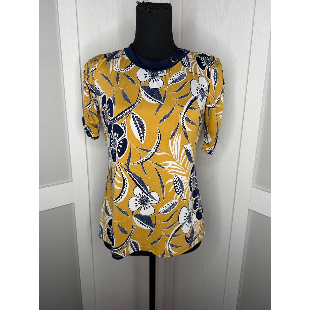 Emi & Joe Floral Top Women Small Yellow Navy Short Sleeve Ruched Tropical Blouse